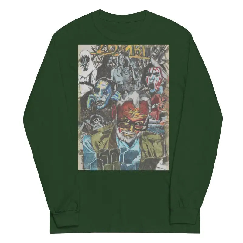 Dark green long-sleeved shirt featuring abstract graffiti-style surrealism art