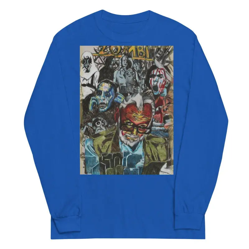 Royal blue long-sleeved shirt featuring a surrealism-inspired artistic collage graphic