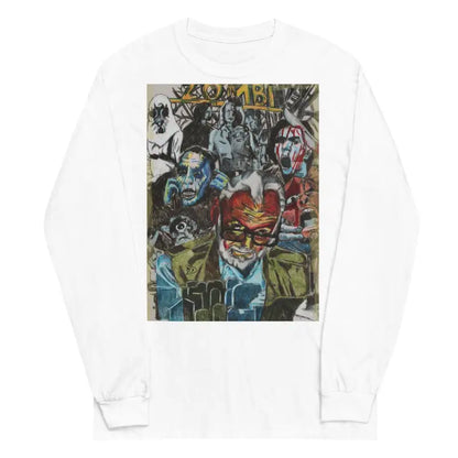 White long-sleeved shirt featuring colorful graffiti art print inspired by surrealism