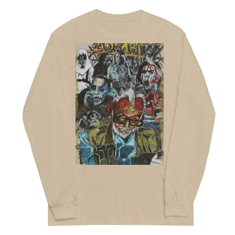 Beige long-sleeved shirt featuring colorful graphic art inspired by surrealism