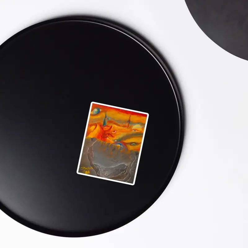 Black vinyl record featuring a colorful sticker for Surrealist Art Magnet design