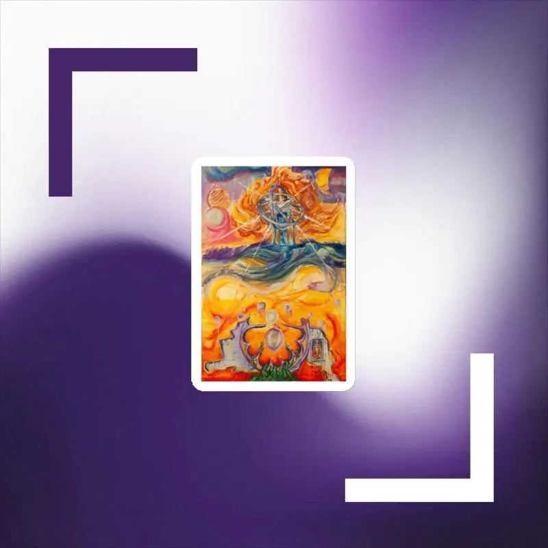 Tarot card with mystical figures in orange and blue, featured in Matthew Dye’s die-cut magnets