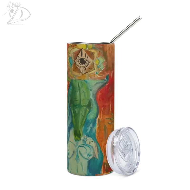 Colorful marbled Priestess Stainless Steel Tumbler featuring Matthew Dye art and straw