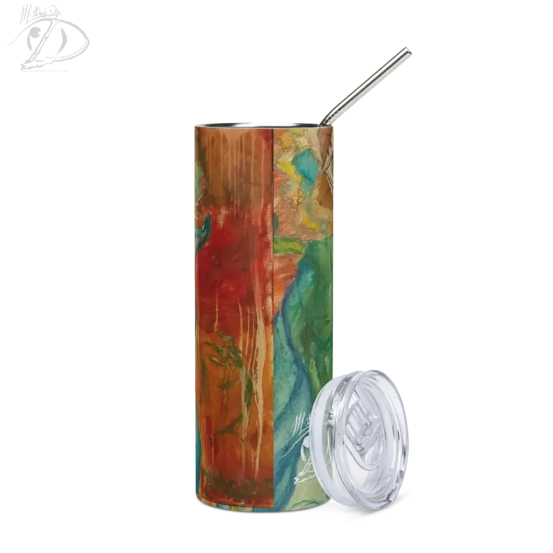 Colorful marbled stainless steel tumbler with a metal straw and clear plastic lid