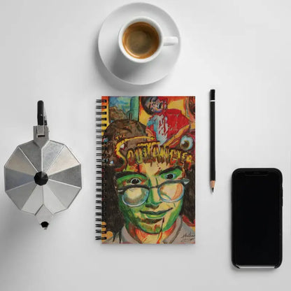 Colorful horror spiral notebook featuring vibrant artistic portrait and text design