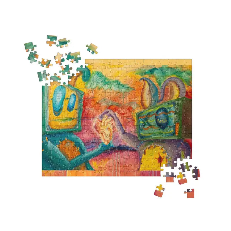 Partially completed Heart Jigsaw Puzzle with scattered pieces showcasing colorful artwork