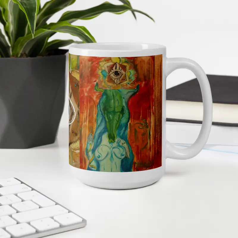 White ceramic mug with colorful abstract artwork by Matthew Dye, titled The Priestess