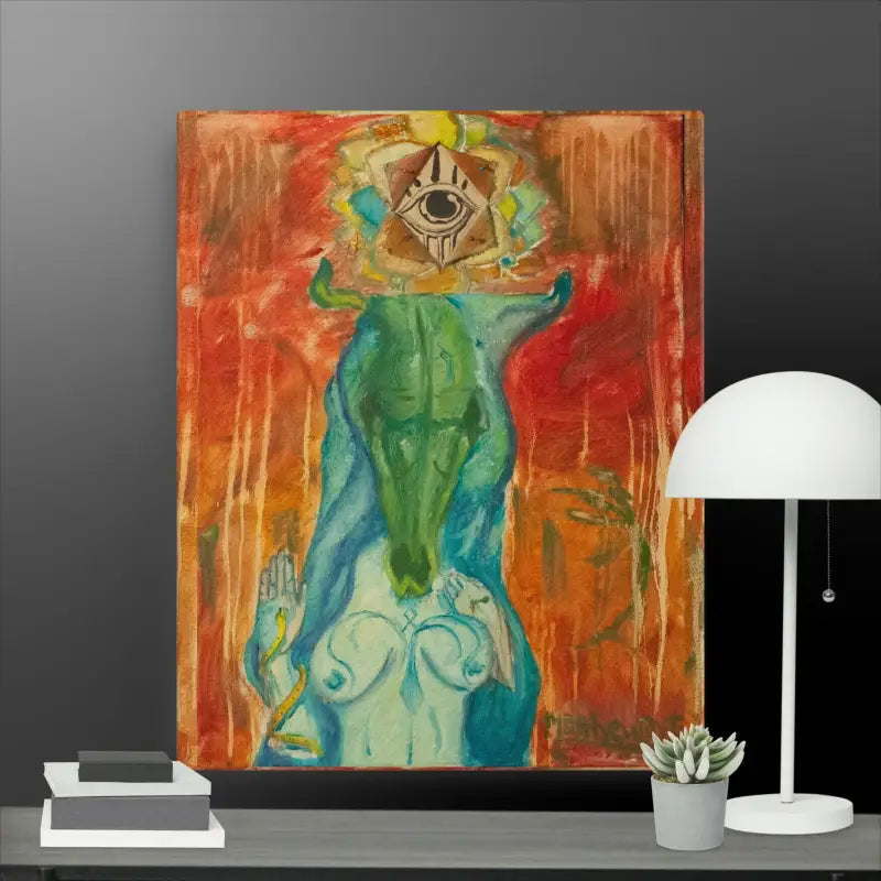 Abstract painting of a surreal humanoid by Matthew Dye, featuring an eye symbol above its head