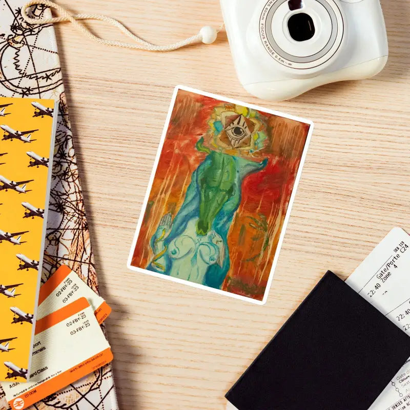 Colorful abstract painting featuring swirling green and orange tones in The Priestess Enigma exclusive die-cut magnets