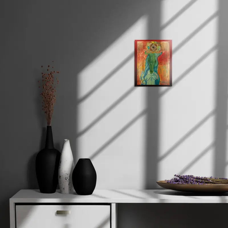 Decorative black and white vases on white surface with The Priestess metal print by Matthew Dye