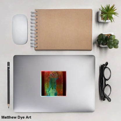 Closed silver laptop adorned with mesmerizing holographic vinyl stickers of The Priestess