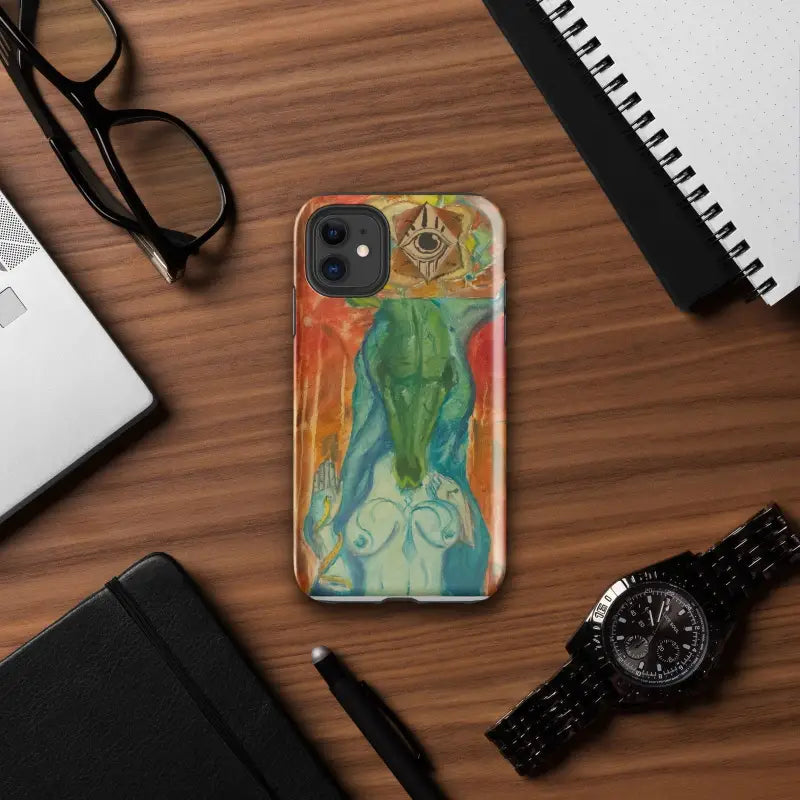Smartphone featuring Tough Case for iPhone adorned with vibrant Priestess artistry design