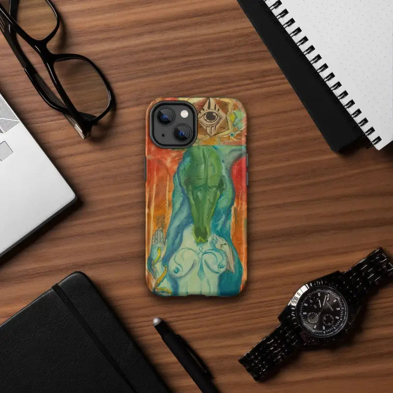 Colorful Tough Case for iPhone featuring Priestess artistry with green figure on orange
