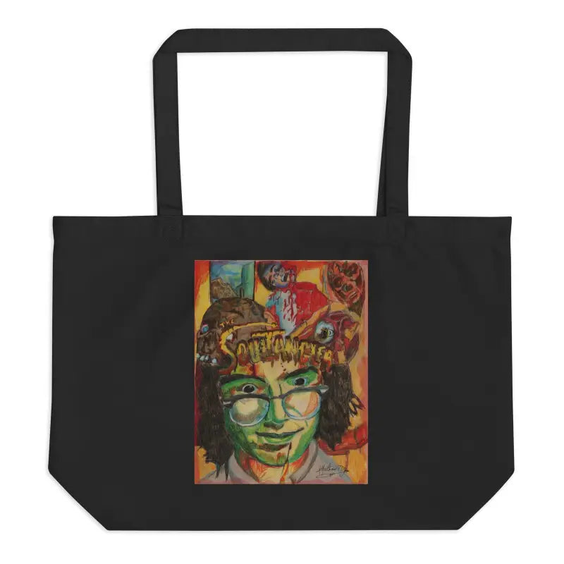 Black tote bag featuring colorful psychedelic art, The Soultangler eco-friendly design