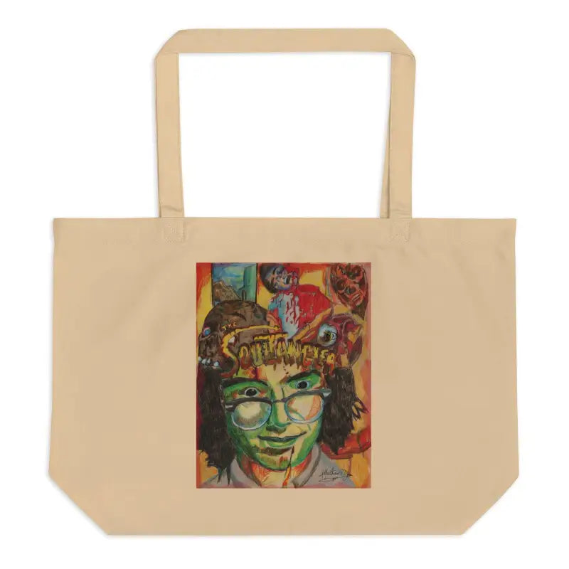 Beige eco-friendly tote bag featuring The Soultangler’s colorful abstract artwork