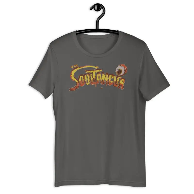 Grey comfortable unisex t-shirt featuring stylized orange and red text design in ring-spun cotton