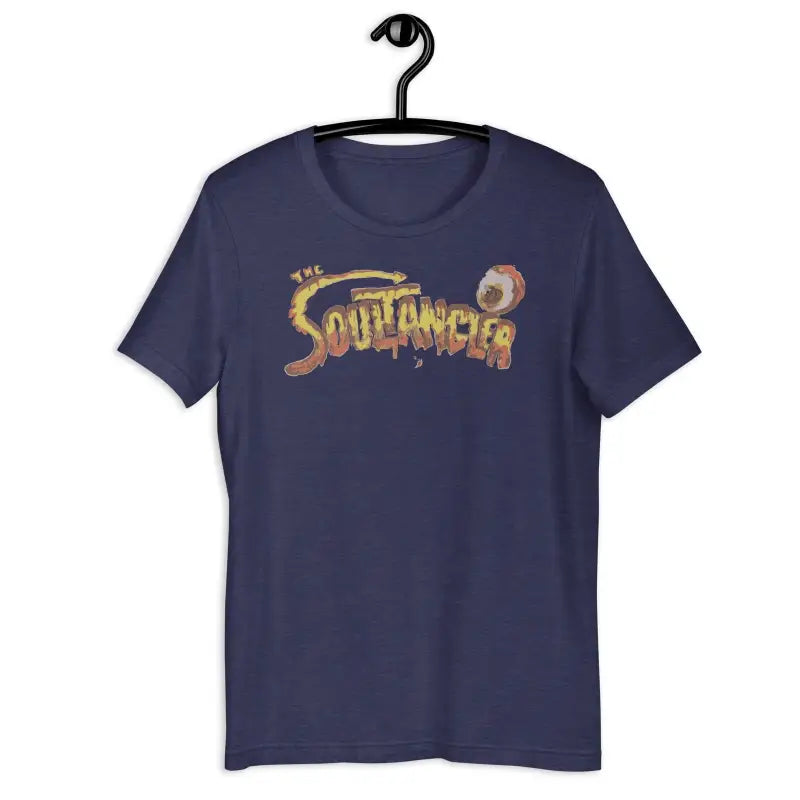 Navy blue comfortable unisex t-shirt featuring Soulfinger graphic in orange and yellow tones