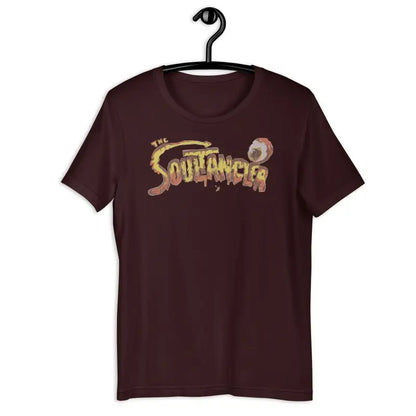 Maroon comfortable unisex t-shirt with Soulfinger design in gold and pink on hanger