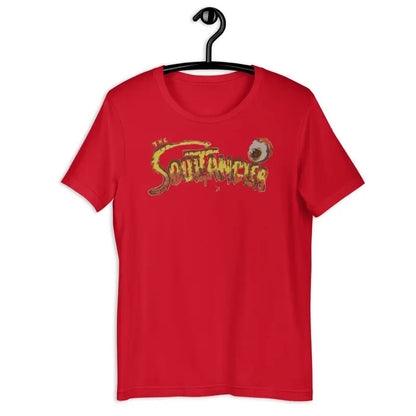 Red ring-spun cotton comfortable unisex t-shirt featuring stylish Southpaw design in gold and green