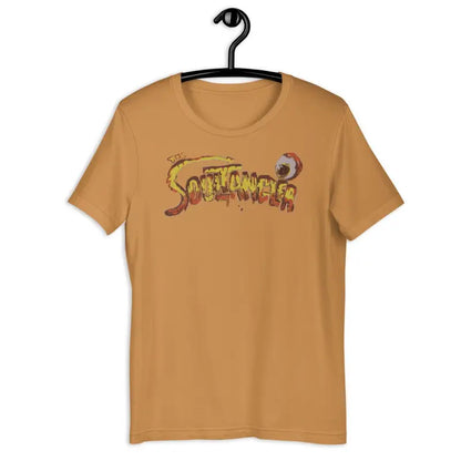 Caramel-colored comfortable unisex t-shirt featuring Softlander design in ring-spun cotton