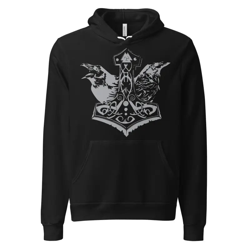 Black hoodie featuring Thor’s Mjolnir and Odin’s Ravens, a comfortable Viking unisex pullover