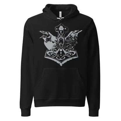 Black hoodie featuring Thor’s Mjolnir and Odin’s Ravens, a comfortable Viking unisex pullover