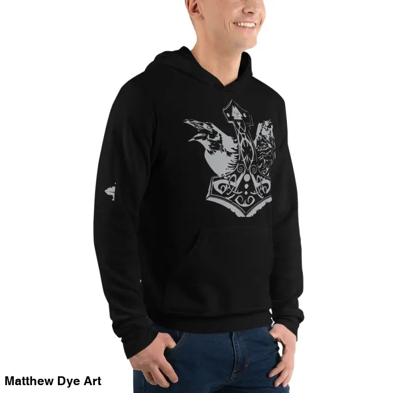 Black hoodie featuring Thor’s Mjolnir and Odin’s Ravens, a comfortable Viking unisex pullover