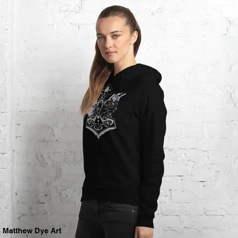 Black hoodie featuring Thor’s Mjolnir and Odin’s Ravens in a comfortable Viking pullover