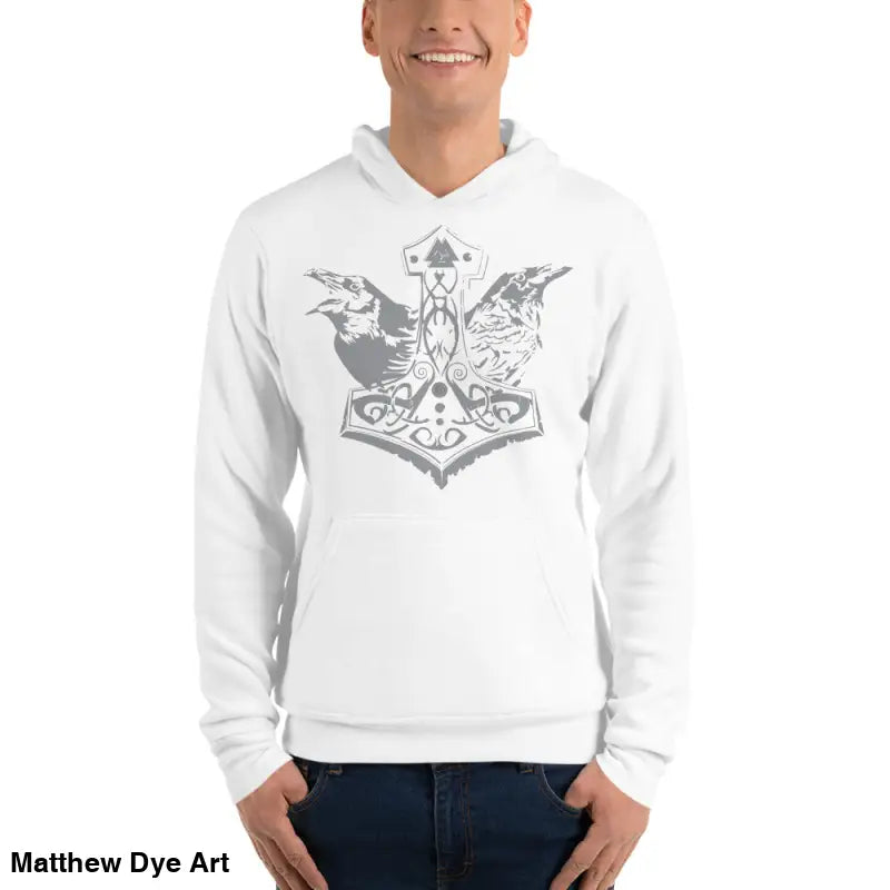 White comfortable Viking unisex pullover hoodie featuring Thor’s Mjolnir and Odin’s Ravens design