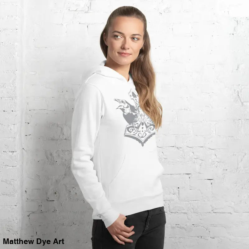 White hoodie with gray graphic featuring Thor’s Mjolnir and Odin’s Ravens design