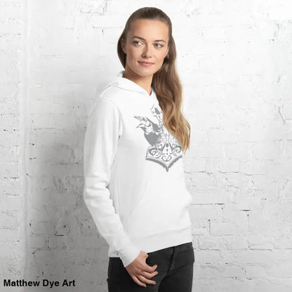 White hoodie with gray graphic featuring Thor’s Mjolnir and Odin’s Ravens design