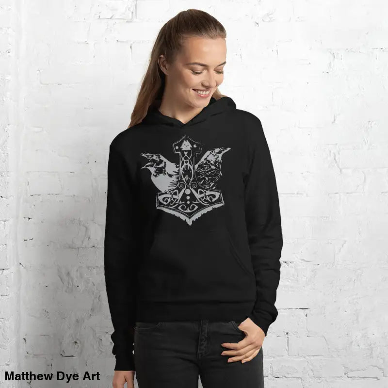 Black hoodie featuring Thor’s Mjolnir and Odin’s Ravens, a comfortable Viking unisex pullover