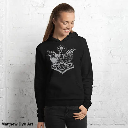 Black hoodie featuring Thor’s Mjolnir and Odin’s Ravens, a comfortable Viking unisex pullover