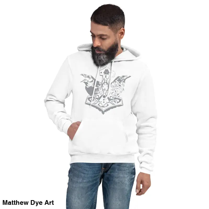 White hoodie featuring gray design of Thor’s Mjolnir and Odin’s Ravens, comfortable Viking pullover
