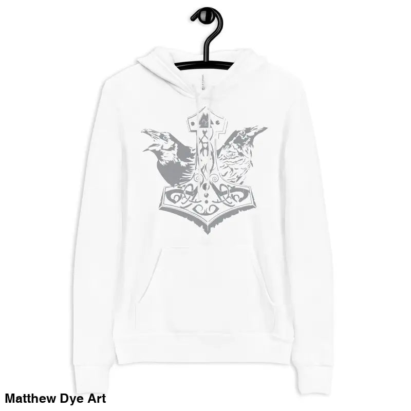 White comfortable Viking unisex pullover hoodie featuring Thor’s Mjolnir and Odin’s Ravens design