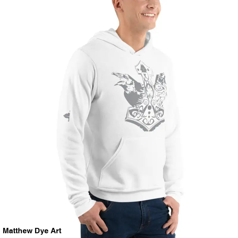 White comfortable Viking unisex pullover hoodie featuring Thor’s Mjolnir and Odin’s Ravens graphic