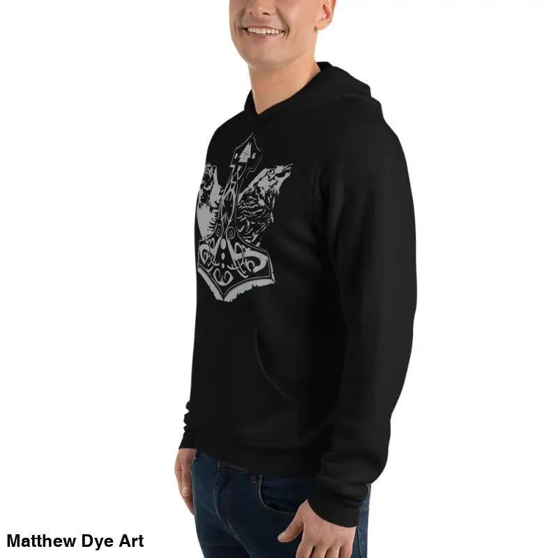 Black hoodie featuring Thor’s Mjolnir and Odin’s Ravens, a comfortable Viking unisex pullover