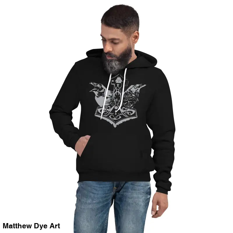 Black hoodie featuring Thor’s Mjolnir and Odin’s Ravens, a comfortable Viking unisex pullover