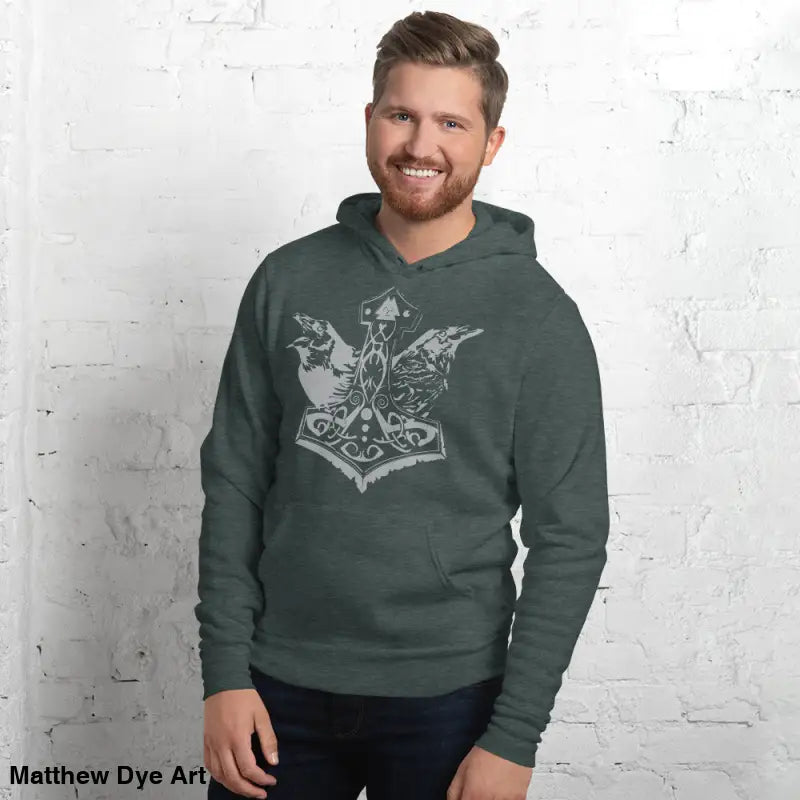 Comfortable Viking unisex pullover hoodie featuring Thor’s Mjolnir and Odin’s Ravens design
