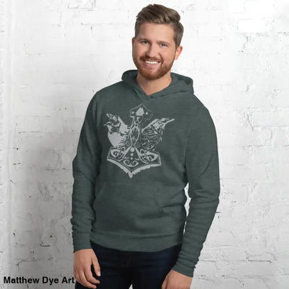 Comfortable Viking unisex pullover hoodie featuring Thor’s Mjolnir and Odin’s Ravens design