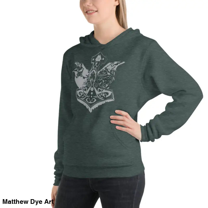 Green comfortable Viking unisex pullover hoodie featuring Thor’s Mjolnir and Odin’s Ravens design