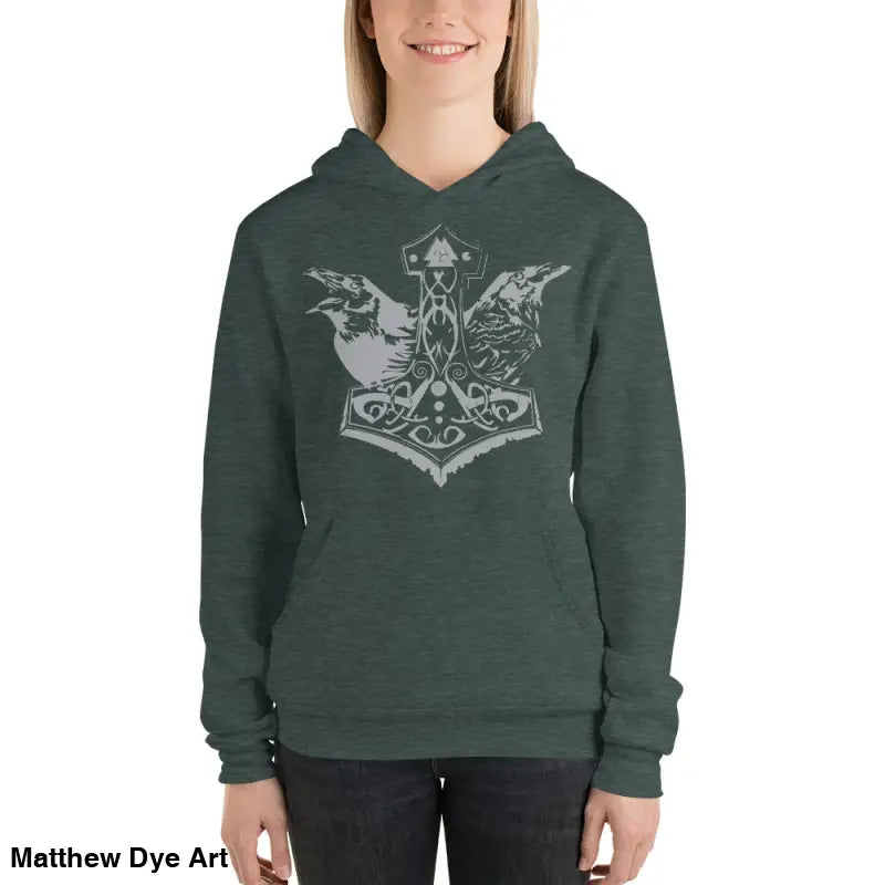 Heather forest hoodie featuring Thor’s Mjolnir and Odin’s Ravens, comfortable Viking unisex pullover