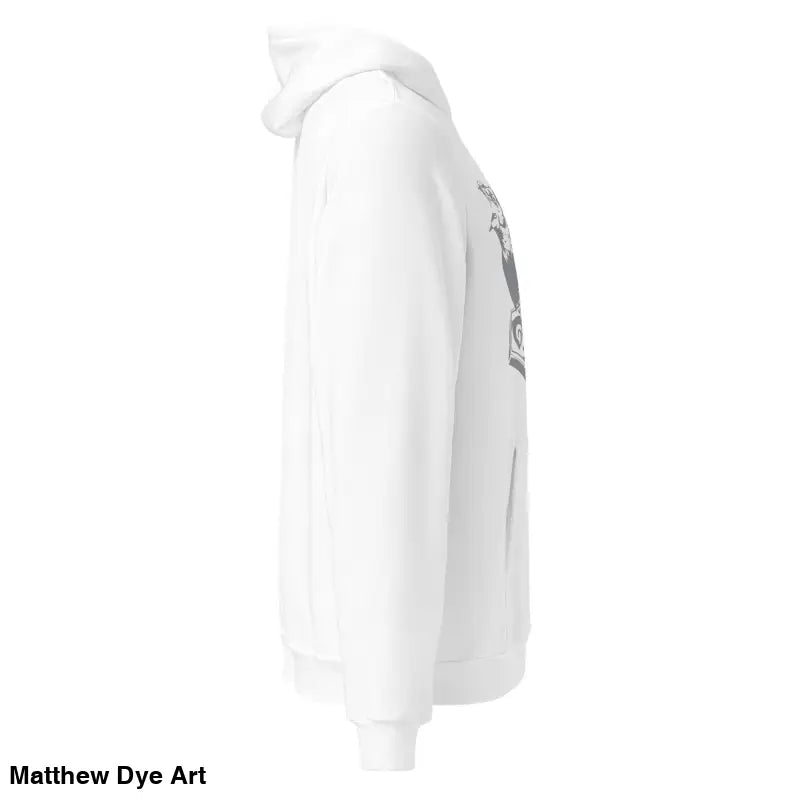 White hooded sweatshirt featuring Thor’s Mjolnir and Odin’s Ravens, a comfortable Viking unisex pullover hoodie