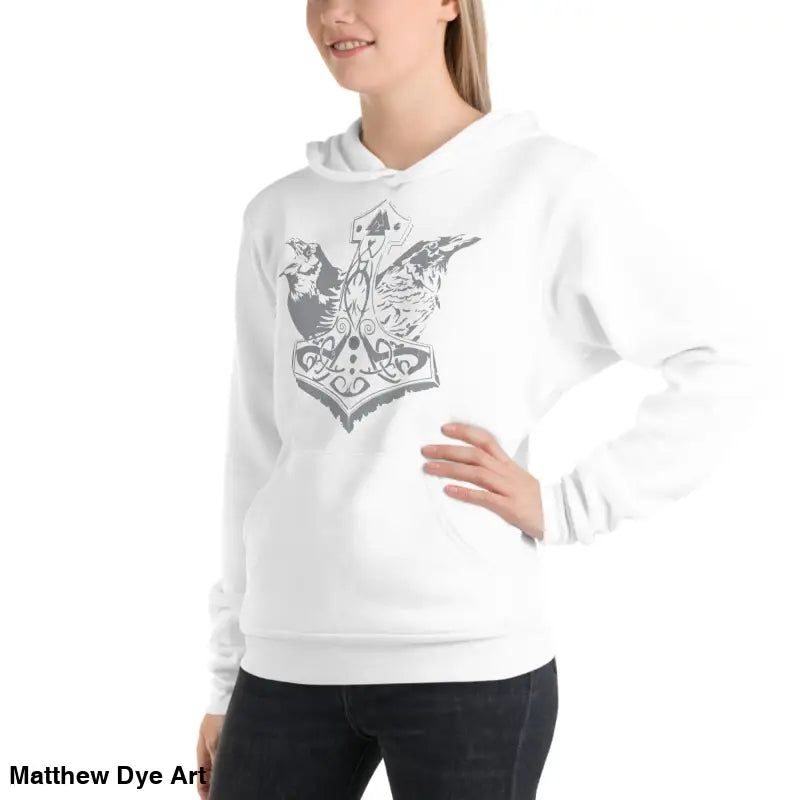 White hoodie with gray graphic featuring Thor’s Mjolnir and Odin’s Ravens, comfortable Viking unisex pullover