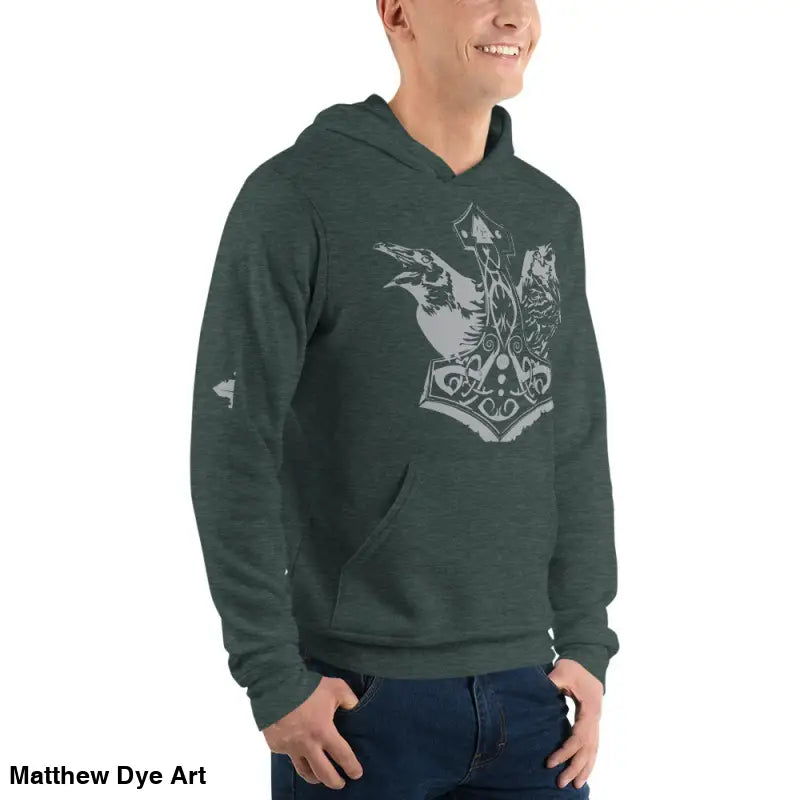 Green hoodie featuring Thor’s Mjolnir and Odin’s Ravens, comfortable Viking unisex pullover