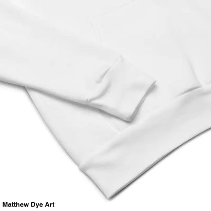 White sweatshirt sleeve of Thor’s Mjolnir & Odin’s Ravens comfortable pullover hoodie