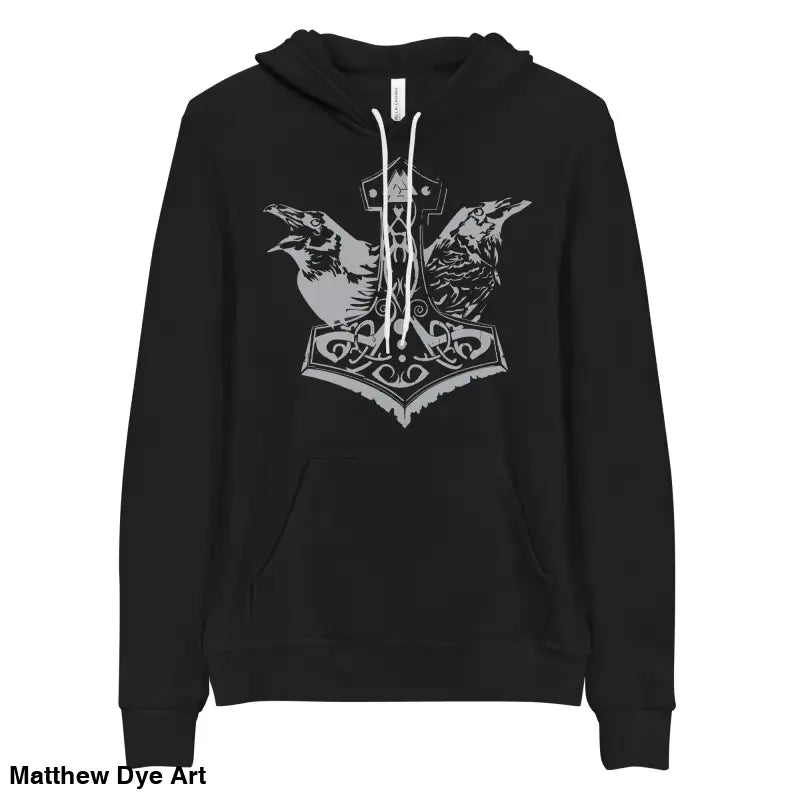 Black hoodie featuring Odin’s Ravens and Thor’s Mjolnir in a comfortable Viking pullover