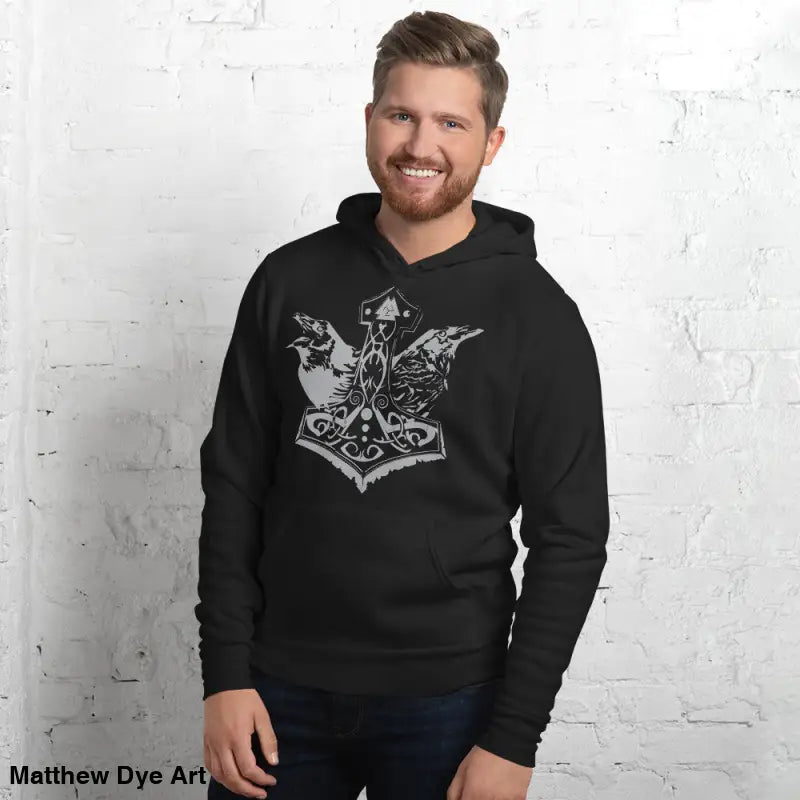 Black comfortable Viking unisex pullover hoodie featuring Thor’s Mjolnir and Odin’s Ravens graphic