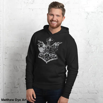 Black comfortable Viking unisex pullover hoodie featuring Thor’s Mjolnir and Odin’s Ravens graphic