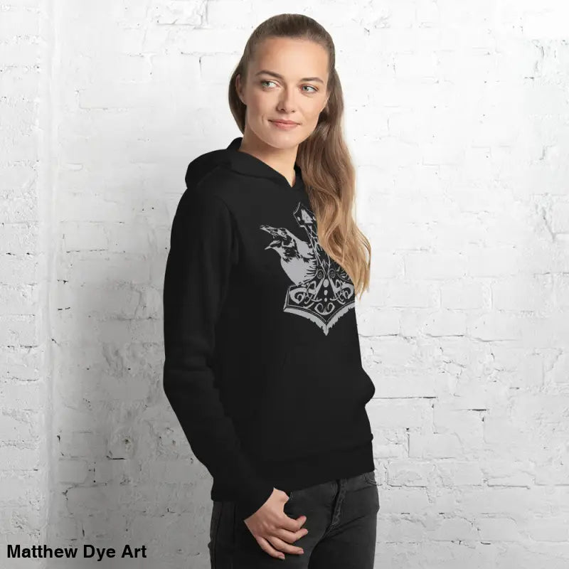 Black hoodie featuring Thor’s Mjolnir and Odin’s Ravens design, comfortable Viking unisex pullover